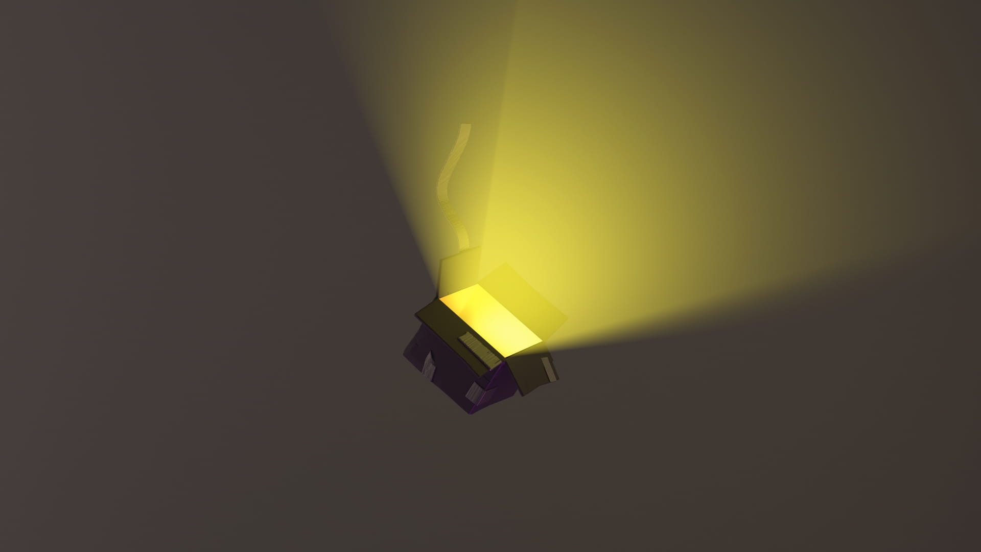 3D render van een vallend met ducktape beplakt doosje waar licht uit komt.