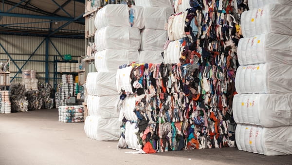 Grote balen van samengedrukte kleding zijn te zien in een loods.