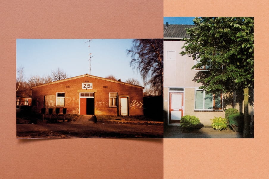 De barak waar de moeder van Charisma Pical heeft gewoond, en haar ouderlijk huis, beide in Vught. Collage: Amber Toorop (voor De Correspondent)