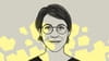 Tekening van Rosanne Hertzberger met op de achtergrond gele blokken tegen een grijze achtergrond.