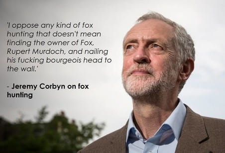 Sassy Socialist Memes verwijst hier naar de vossenjacht, waar Labourleider Jeremy Corbyn zich in het verleden tegen heeft uitgesproken. De vossenjacht wordt als een aristocratische hobby gezien.