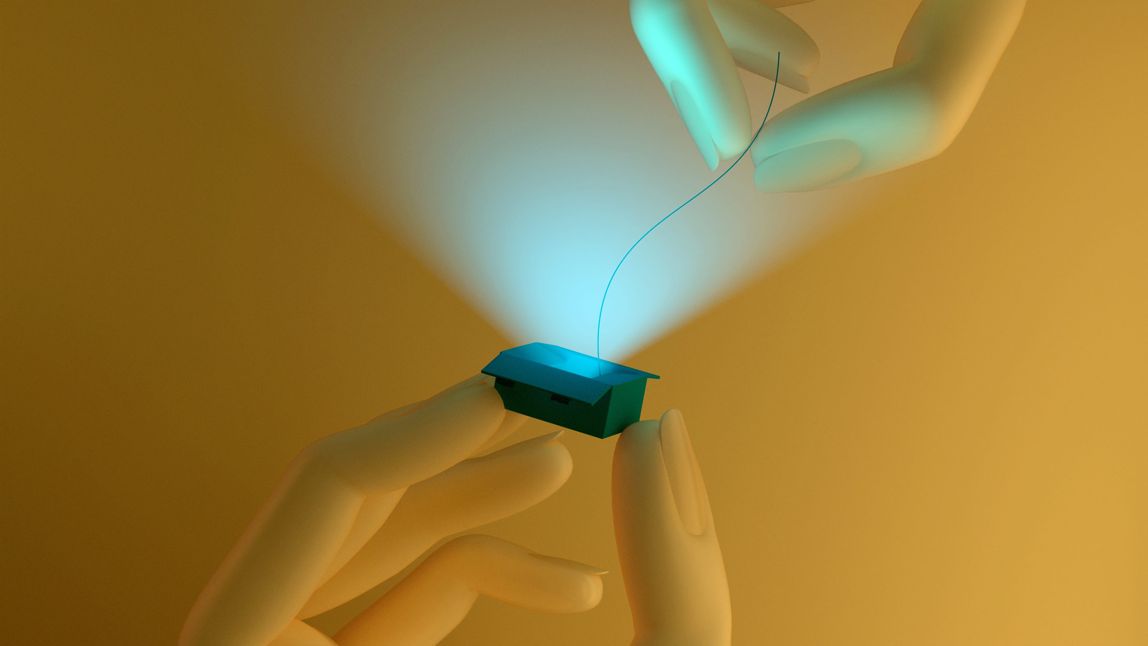3d render van Twee handen en een doosje waaruit een draad word gehaald