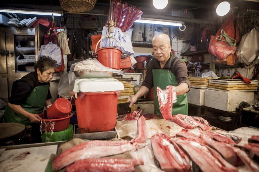 De vismarkt van Hongkong. Dieren uit alle wereldzeeën, beschermd of niet, zijn hier te koop. Foto: Florian Buettner