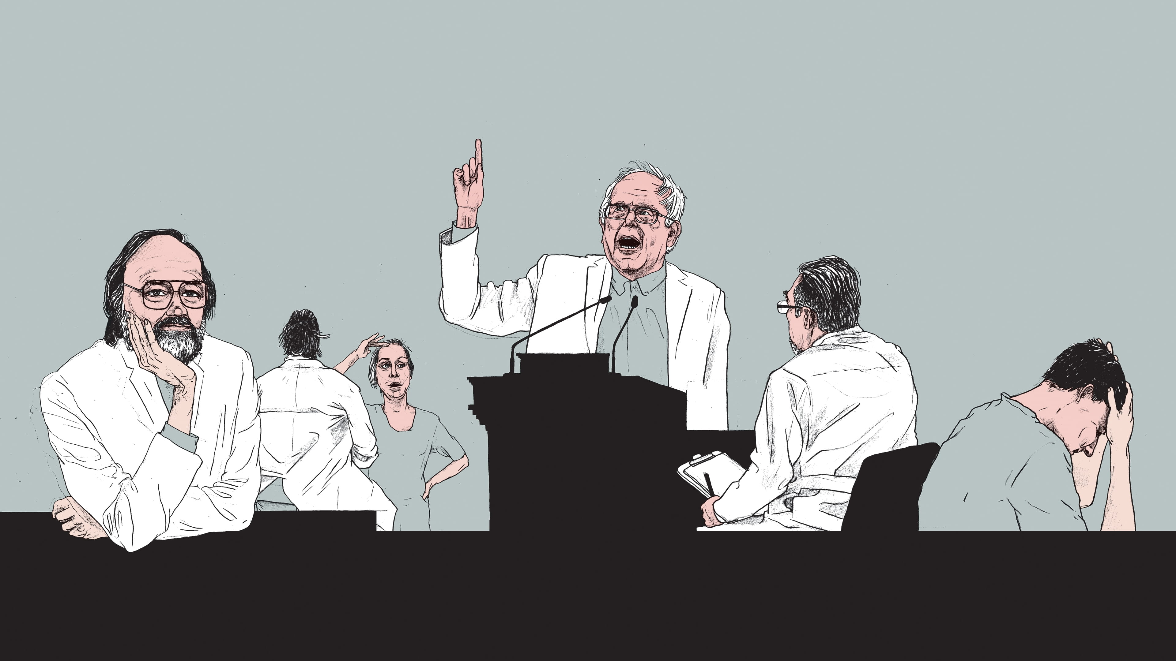 Een illustratie van Gijs Kast waarin hij allerlei personen uit de GGZ heeft verbeeld, van de patient en de behandelaar tot de naasten en de rebellen. Het zijn portretten van fictieve figuren, getekend met fijn potlood en ingekleurd met alleen de kleuren grijs, roze, zwart en wit.