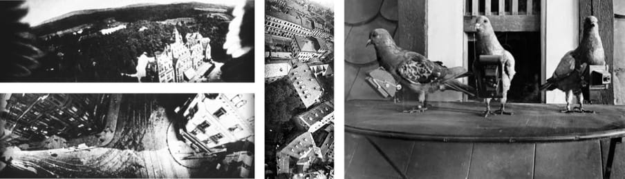 Links en midden: luchtfoto’s gemaakt met behulp van postduiven in Duitsland, begin twintigste eeuw. Rechts: postduiven met camera. Bron: Wikimedia Commons 