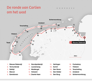 Een kaart met de Route die Carlien liep. Ze liep van Nieuwe Statenzijl naar Schiermonnikoog via onder andere: Bierum, Holwerd, Harlingen, de afsluitdijk en Den Helder naar de Waddeneilanden. De route is ongeveer 300km lang.