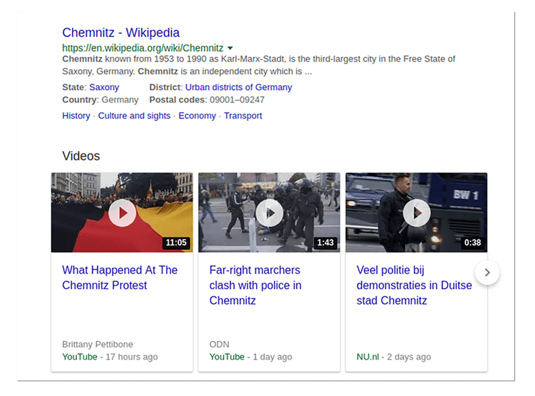 De belangrijkste zoekresultaten voor ‘riots chemnitz’. Linksonderin zie je ‘What Happened At The Chemnitz Protest’ van de alt-right YouTuber Brittany Pettibone.