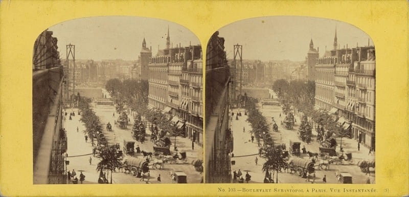 Stereofoto. Gezicht op de Boulevard Sébastopol in Parijs, anoniem, ca. 1860 - ca. 1880. Bron: Rijksmuseum.