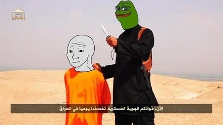 Pepe staat op het punt de keel door te snijden van Feels Guy. Uiteraard is deze meme een verwijzing naar de propaganda van IS.