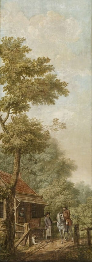 Behangselschildering van een Hollands landschap met een scène bij een tolhek door Jurriaan Andriessen in 1776. Reproductie: Rijksmuseum
