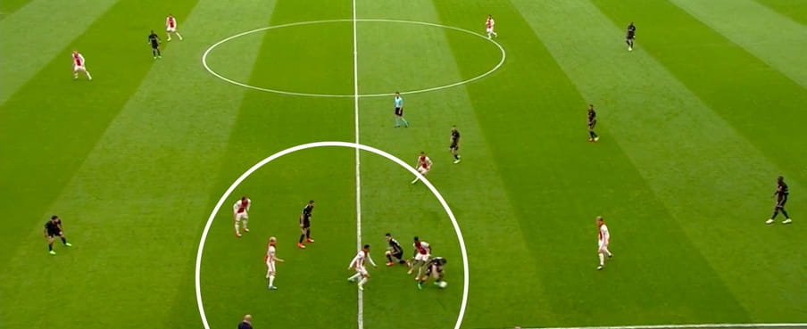 Veel spelers van Ajax rond de bal, vlak voor de 2-0 van Ajax.