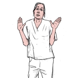 Een vrouw in dokterskleding van voren getekend die verontschuldigend haar handen in de lucht houdt, waarbij ze lijkt te gebaren dat ze het ook niet weet. Deze illustratie is van Gijs Kast.