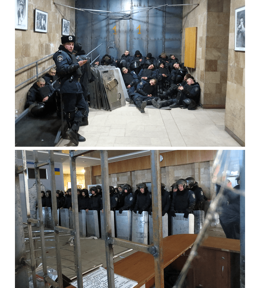 3 maart 2014: Politie-eenheden rusten uit in het provinciehuis van de Oost-Oekraïense stad Donetsk. Kort daarna werd het gebouw bezet door pro-Russen. Foto’s: Floris Akkerman