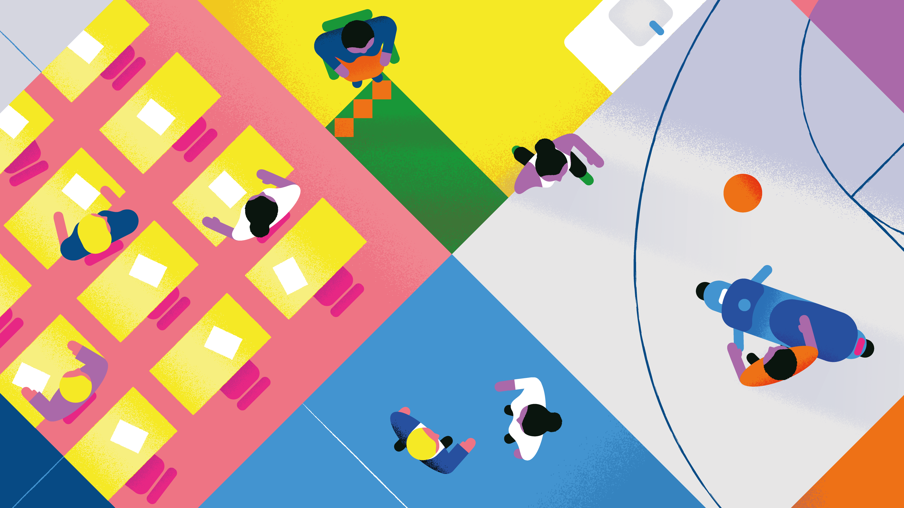 Illustratie van een vrouw die door verschillende sociale omgevingen van haar leven loopt