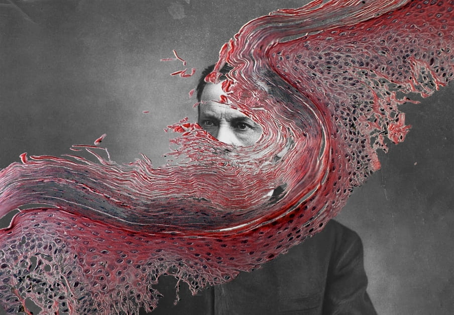 Collage met bacterieen en een portret van Pasteur