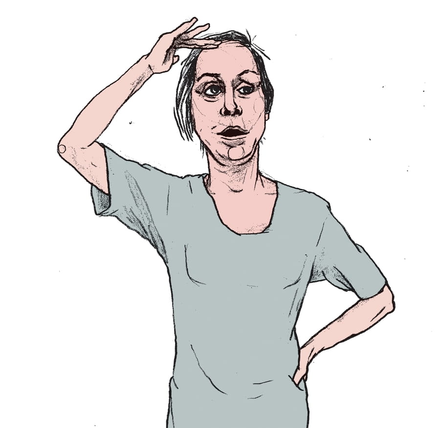 Een tekening van een wat verwarde vrouw met haar haren in de war. Haar ene hand rust op haar voorhoofd, met haar andere hand ondersteunt ze haar onderrug. Deze illustratie is van Gijs Kast. 
