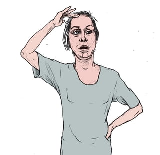 Een tekening van een wat verwarde vrouw met haar haren in de war. Haar ene hand rust op haar voorhoofd, met haar andere hand ondersteunt ze haar onderrug. Deze illustratie is van Gijs Kast.