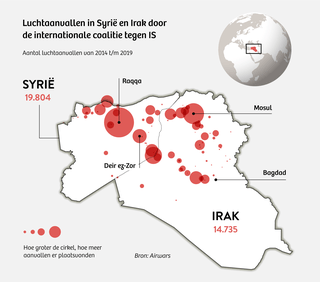 Kaart die laat zien dat er 19804 luchtaanvallen in Syrië en 14735 luchtaanvallen in Irak werden uitgevoerd door de internationale coalitie tegen IS.