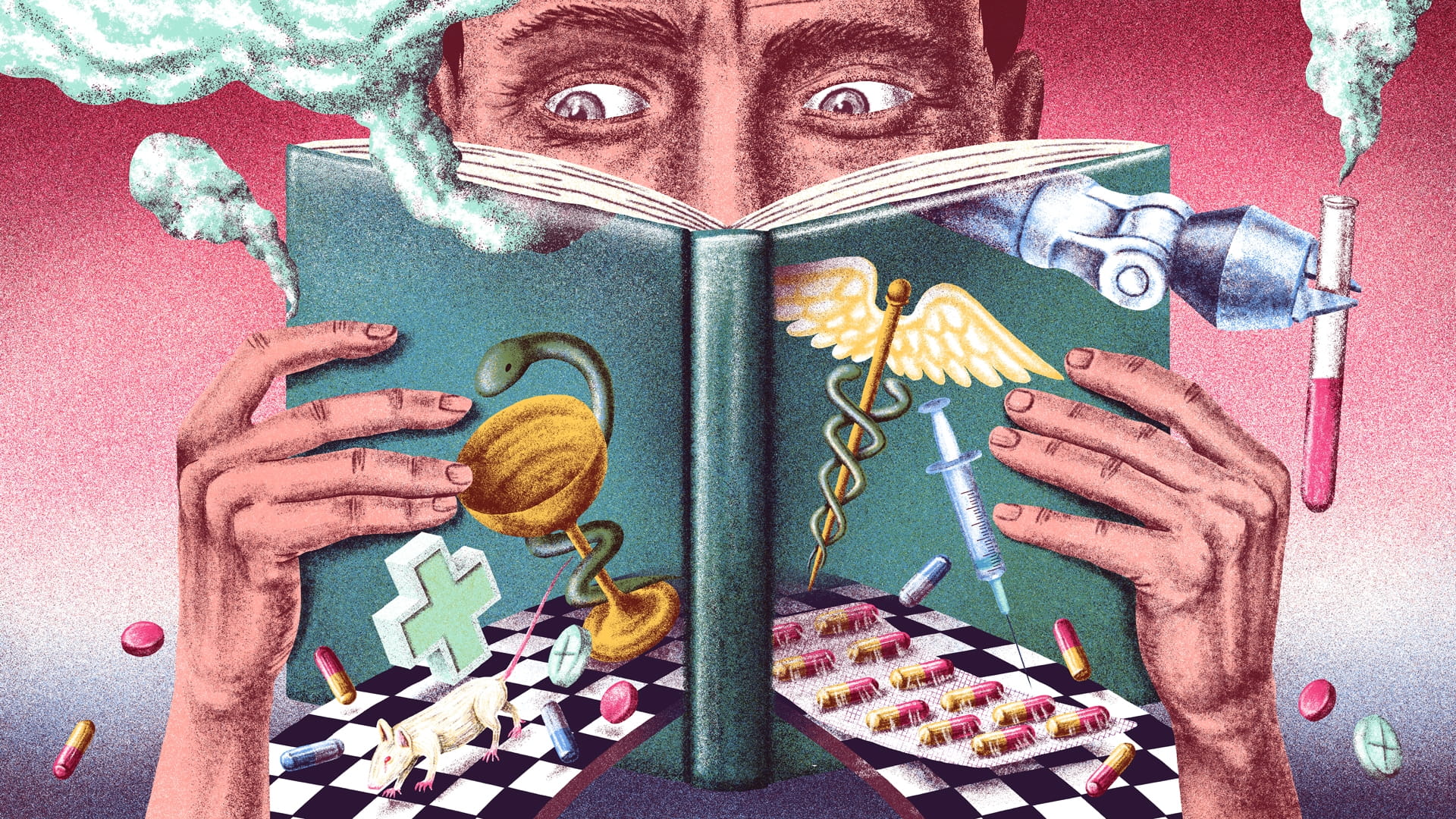 Illustratie van een man die een boek leest waarop referenties naar de farma industrie zijn afgebeeld