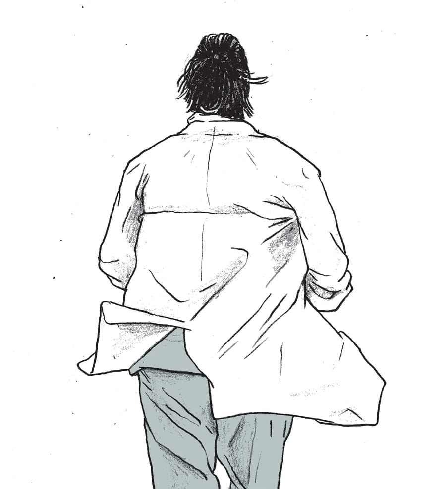Een tekening van een dokter van achteren die wegloopt terwijl zijn doktersjas wappert. De illustratie is van Gijs Kast. 