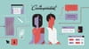 Een illustratie van twee figuren met daar omheen iconen van werkplek gerelateerde objecten en computersoftware, zoals een toetsenbord, computermuis, chatballonnen, een pen en een mok. 