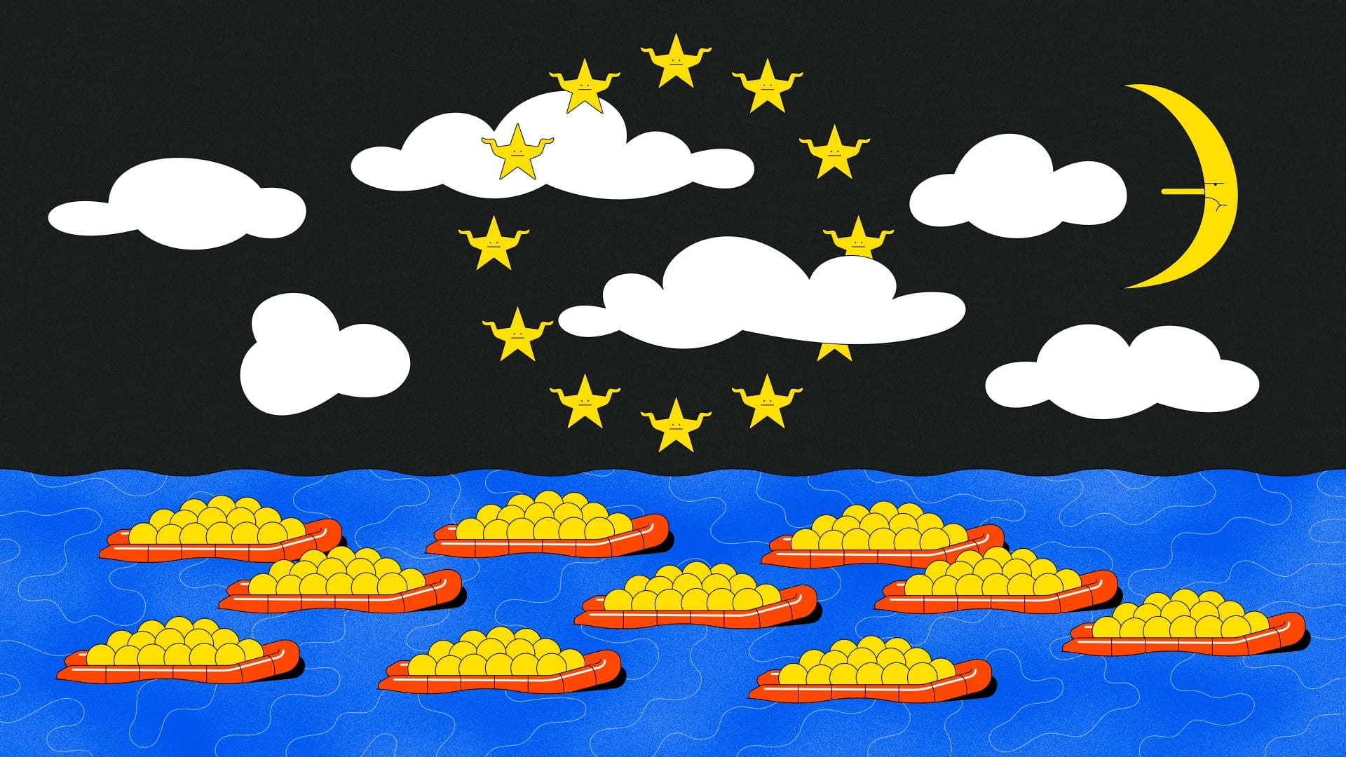 Een tekening van illustrator Roel van Eekelen met heldere kleuren van een zee vol rode reddingbootjes met gele balletjes erin. In een zwarte lucht halen sterretjes-poppetjes hun schouders op terwijl ze een cirkel vormen als op de Europese vlag. De maan trekt een nors gezicht. 