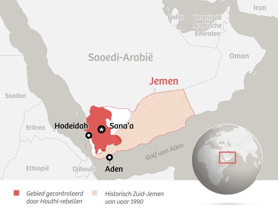 Kaart Jemen met hoofdstad Sana’a en het gebied gecotroleerd door houthi-rebellen.