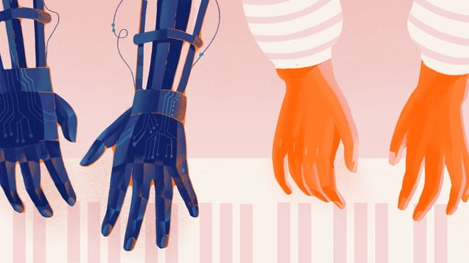 Illustratie van twee paar handen, spelend op een piano. Links zie je twee robot handen, rechts zie je twee menselijke handen.