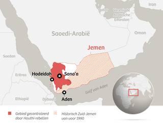 Kaart Jemen met hoofdstad Sana'a en het gebied gecotroleerd door houthi-rebellen.