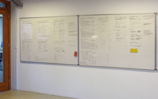 Whiteboards in de developerruimte vol met schetsen voor de bijdragesectie.