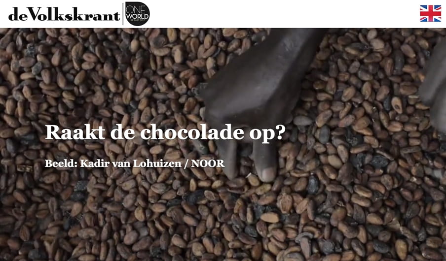 Screenshot van de online journalistieke productie ‘De chocolade raakt op’ gepubliceerd van de Volkskrant.  