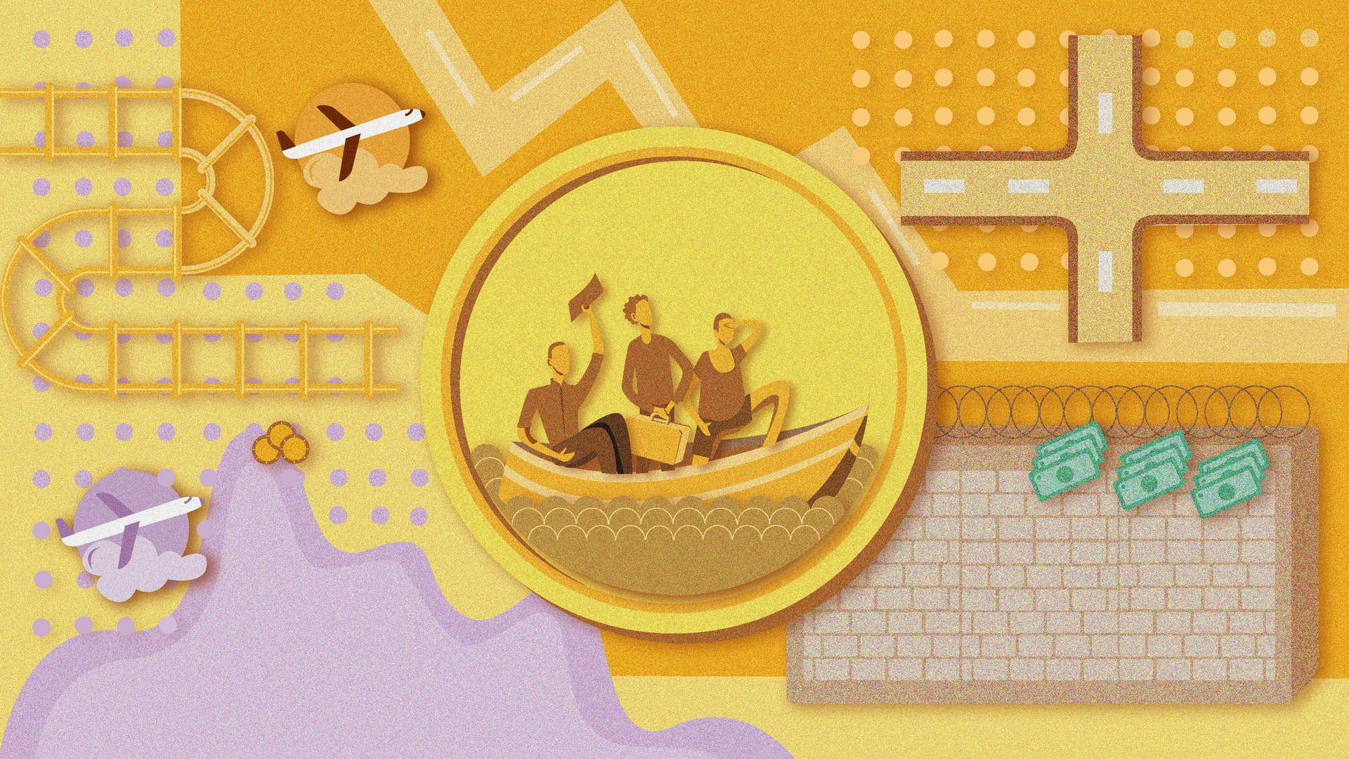 Illustratie van een munt met daarop mensen in een bootje afgebeeld