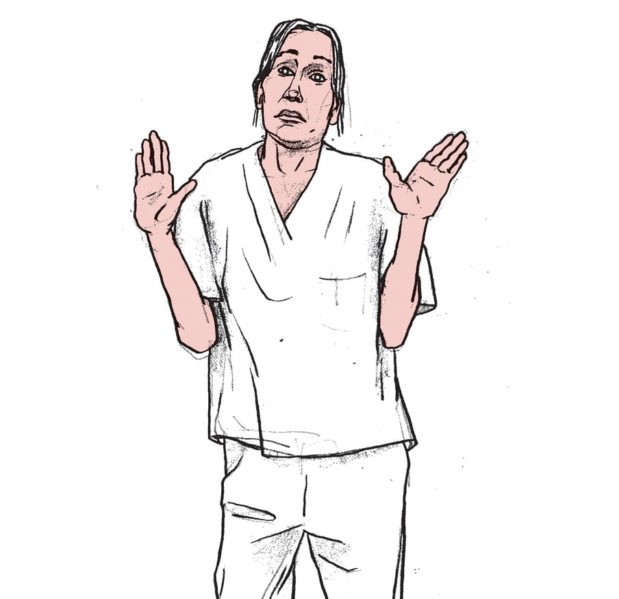 Een vrouw in dokterskleding van voren getekend die verontschuldigend haar handen in de lucht houdt, waarbij ze lijkt te gebaren dat ze het ook niet weet. Deze illustratie is van Gijs Kast. 