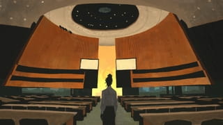 Illustratie door Katherine Lam waarop Clarice Gargard in het gangpad van de vergaderruimte van de VN staat.