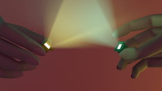 3D render van twee handen met lichtgevende doosjes die naar elkaar wijzen