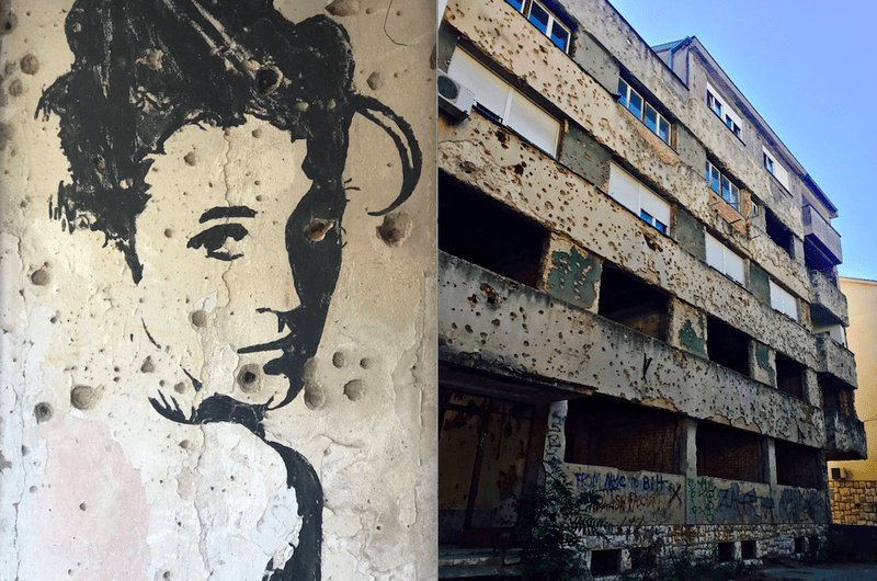 Kapotgeschoten gebouwen aan de oude frontlinie in Mostar. Op de tweede verdieping wonen nog mensen. Foto links: Steven Schoppert. Foto rechts: Freek Herberts