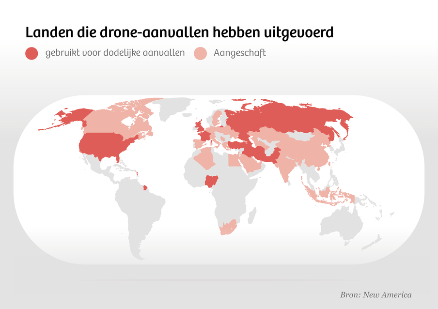 Kaart met de landen die drones hebben aangeschaft dan wel gebruikt in gevechten