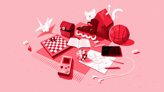 Illustratie van een schaakbord, gameboy, rubiks cube, een tekening, potloden, een ipad, een basketbal, een origami kraanvogel en skeelers op een kleed. Een kat loopt tussendoor.