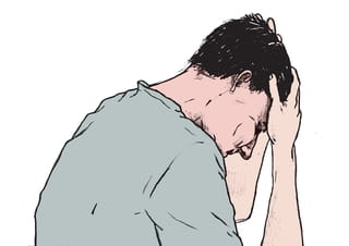 Een tekening van een man schuin van achteren die met zijn handen in het haar zit. Illustratie is van Gijs Kast.