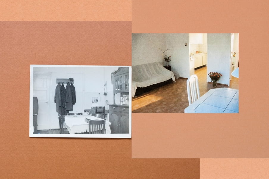 De eethoek in de barak waar de opa en oma van Charisma Pical aten, en haar oude woonkamer. Collage: Amber Toorop (voor De Correspondent)