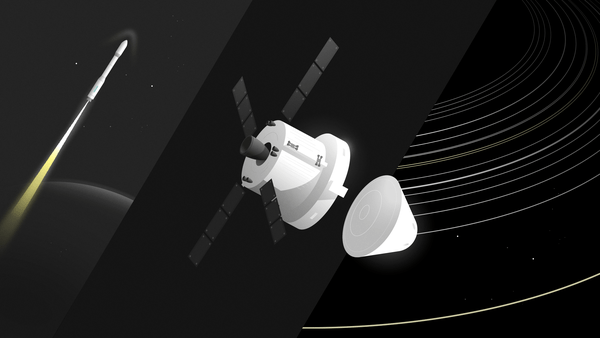 Illustratie van de Europese raket Ariane, het ruimtevaartuig Orion en de ruimte.