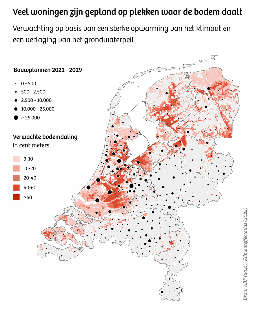 Kaartje van woningbouwplannen en de verwachte bodemdaling in Nederland.
