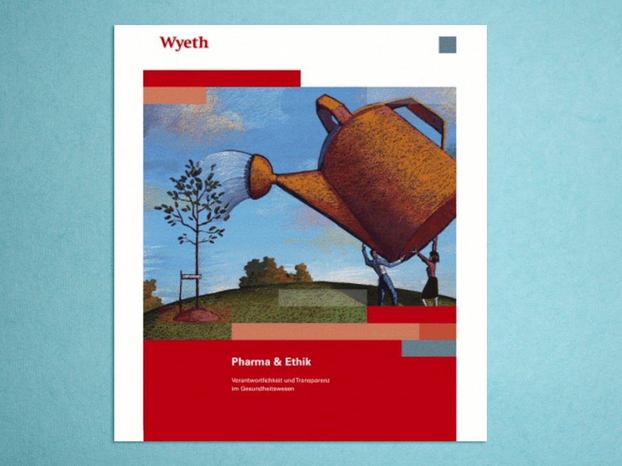 ‘Pharma & Ethik.’ Een cover van de reclamebrochures van Wyeth. Foto: Anika Schwarzlose (voor De Correspondent)