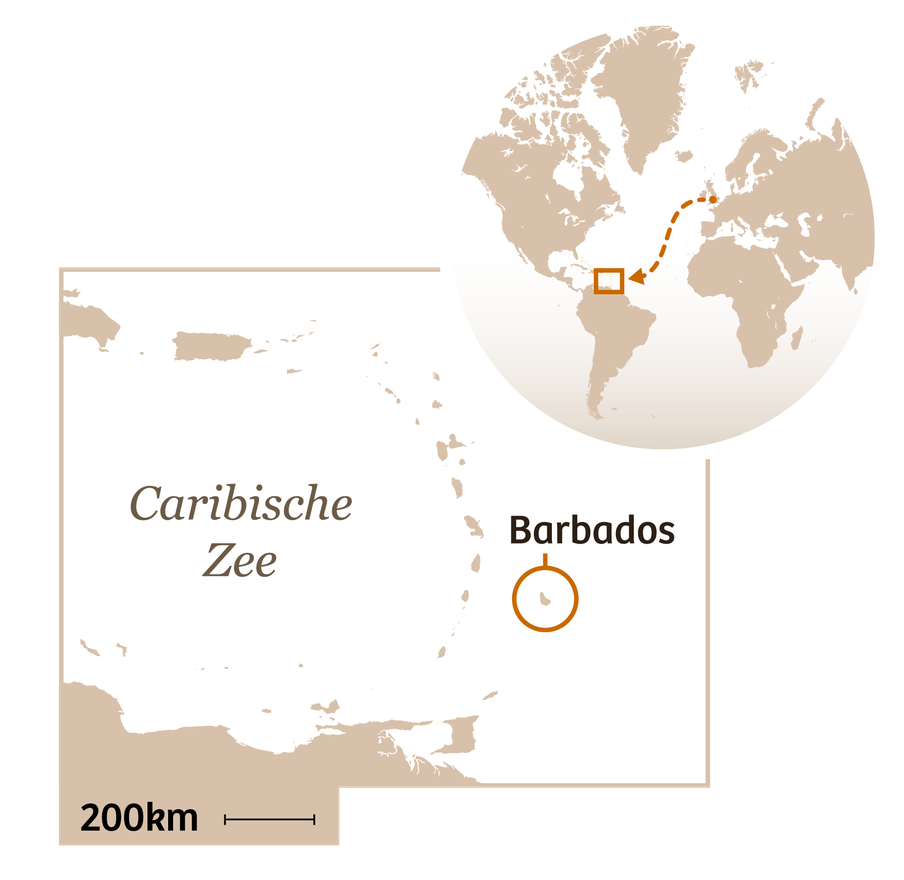 Kaartje met plaats aanduiding van Barbados