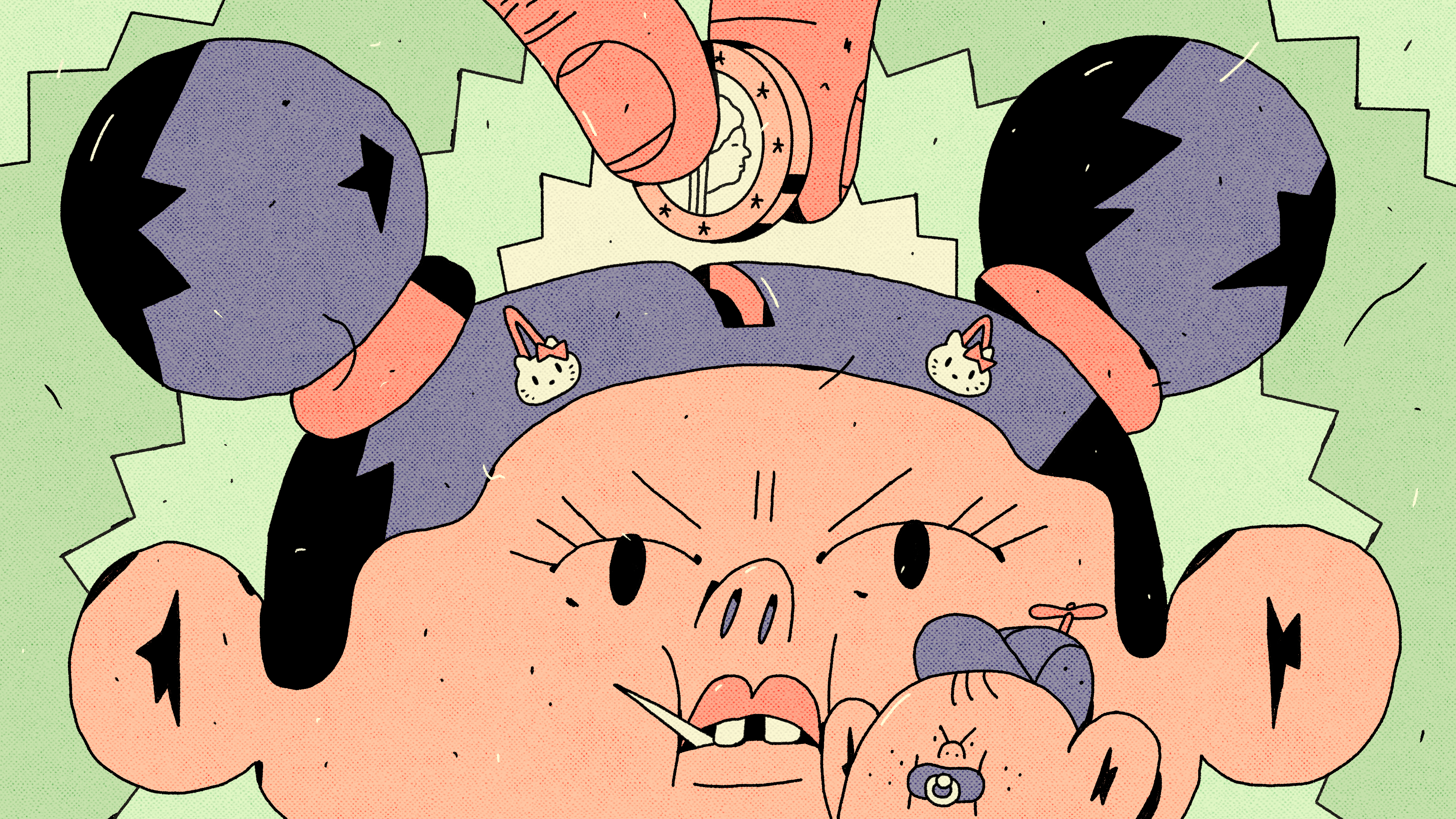 Illustratie van een kind met een gleufje op haar hoofd waar een muntje in wordt gegooid