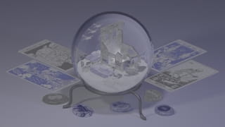 Illustratie met een glazen bol met oorlogssymbolen