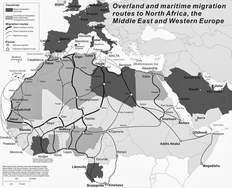 Op deze kaart zijn alle routes te zien van migranten op weg naar Europa. Bron: Hein de Haas / http://heindehaas.blogspot.com
