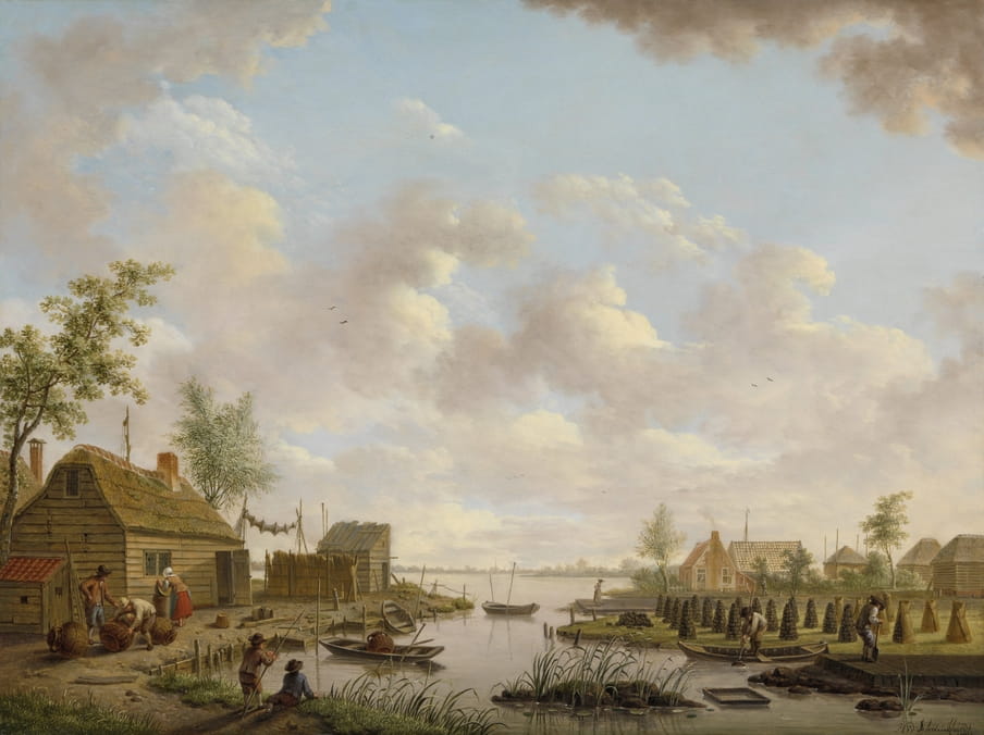Landschap met vissers en turfstekende boeren in het laagveen door Hendrik Willem Schweickhardt in 1783. Reproductie: Rijksmuseum