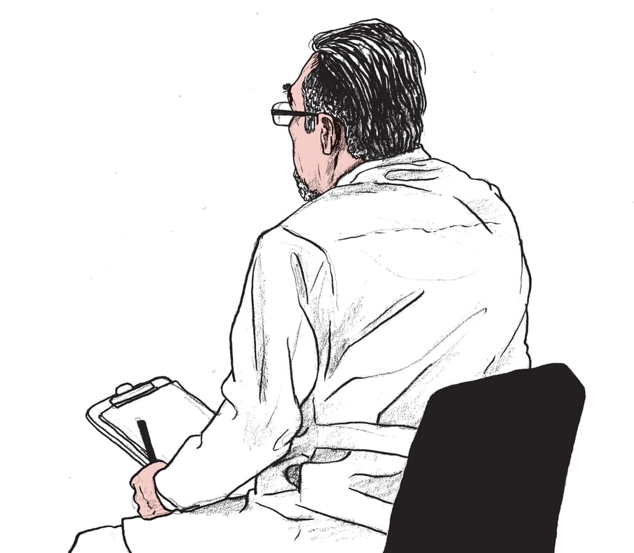 Een tekening van een oudere man met bril in een doktersjas schuin van achteren zittend op een stoel met in zijn hand een notitieblok en pen. De illustratie is gemaakt door Gijs Kast. 