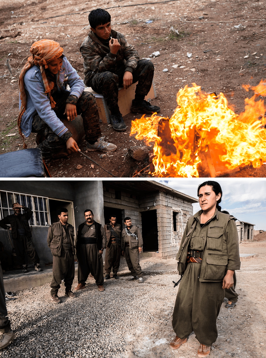 Foto boven: Een YPJ- en een YPG-strijder aan het front in Rabia, grens Syrië en Irak. Foto onder: PKK-soldaten aan het front bij Kirkuk in Irak. Op de voorgrond Tamara Kani. Foto’s: Andreas Stahl